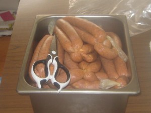 BBQ sauce, cheese and bacon snags